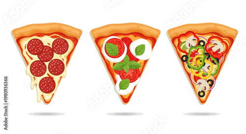A delicious gourmet pizza slice with fresh vegetables and mozzarella cheese presented as an isolated italian meal vector illustration on a white background