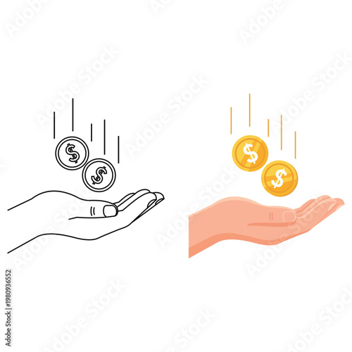 Financial Gratitude: A hand extended, catching the falling coins, representing the flow of monetary wealth, reflecting abundance, and prosperity. 