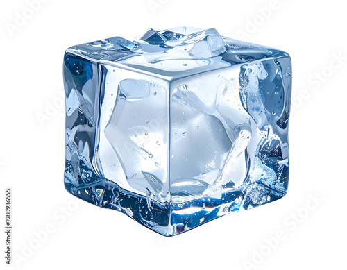 Clear, angular cube of melting ice with internal fractures