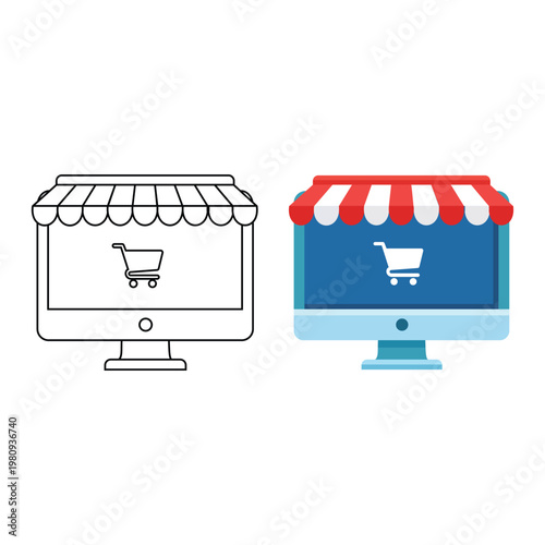 Digital Shopfront Icon: A vibrant digital shopfront icon representing online shopping, with a shopping cart inside a computer screen, signifying the ease and convenience of e-commerce.