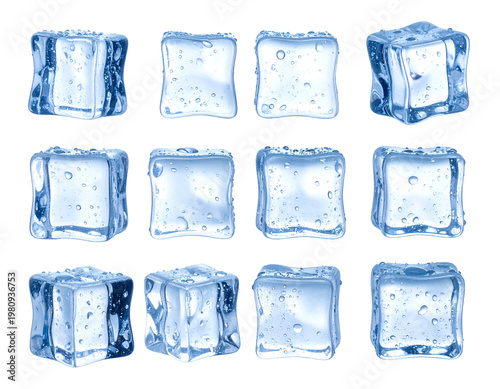 Twelve translucent ice cubes with condensation on white