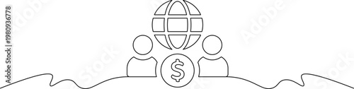 A minimalist line drawing of two people standing on a wavy line with a globe and dollar sign above them