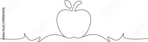 A simple line drawing of an apple with a leaf on top sitting on wavy lines