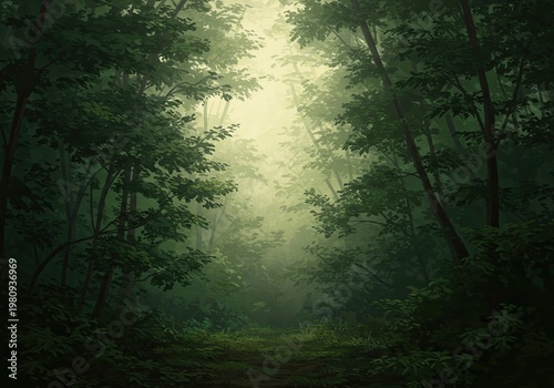 Misty forest with sunlight filtering.