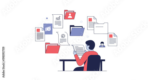 Person sitting at desk overwhelmed by multiple floating documents and files