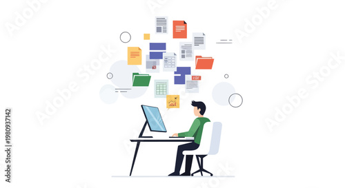 Man sitting at desk with computer surrounded by floating documents and data visualization elements