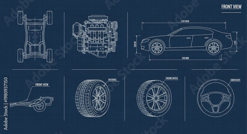 Detailed Blueprint Of A High Performance Sports Car Engine And Chassis.