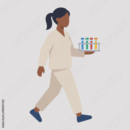 Research Scientist with Samples: A focused scientist carries a rack of test tubes with vibrant samples. She is absorbed in her experiment. Representing innovation and scientific research.