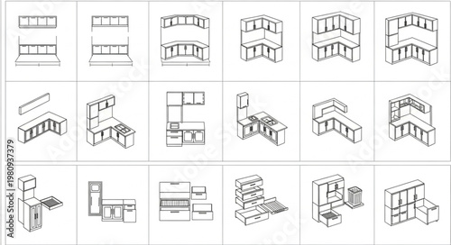 Collection of kitchen cabinet and counter designs in isometric view.