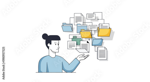 Woman overwhelmed by floating documents and folders in disarray