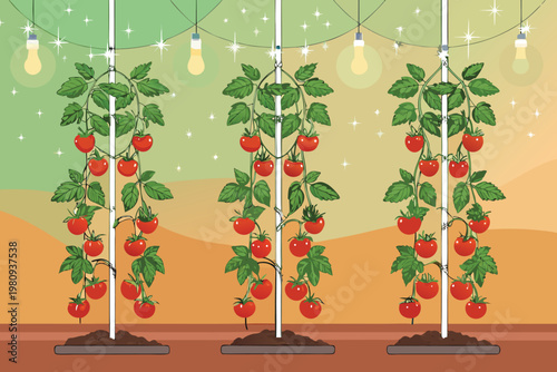 Vertical Tomato Farming Scene Vector Illustration
