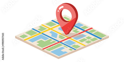 Navigation Icon: An illustrated map, complete with streets and neighborhoods, is marked with a vibrant, eye-catching location pin, symbolizing guidance and destination.