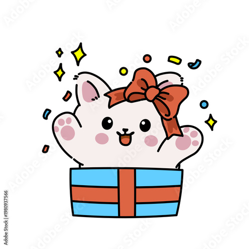 Cute kawaii cat popping from gift box with confetti, colorful festive illustration for celebration, birthday, and joyful designs.