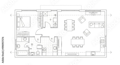 Architectural floor plan drawing of a modern apartment layout.