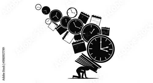 overworked stressed businessman carrying heavy clocks and schedules