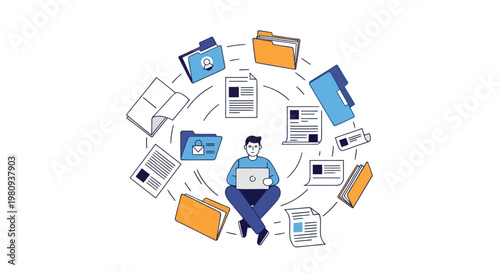 Man sitting with laptop surrounded by documents and files in a circular pattern