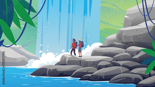 Waterfall Exploration Scene Vector Illustration o