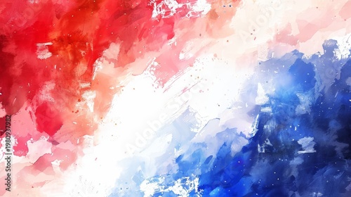 Abstract watercolor blend of red, white, and blue tones. Textured brushstrokes create dynamic, emotional movement. Ideal for patriotic, creative, or modern design projects