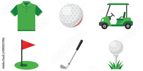 Golf Elements Illustration: A collection of golf-related illustrations including a green polo shirt, a golf ball, a golf cart, a red flag at a hole, a golf club, and a golf ball on a tee.