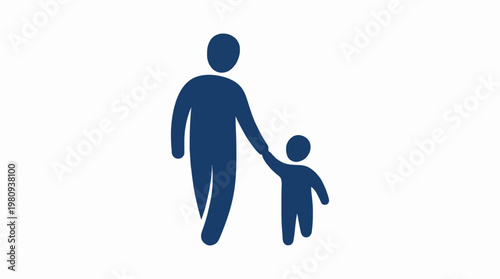 Minimalist vector illustration of a parent or guardian walking hand-in-hand with a young child, symbolizing family bond, care, guidance, and childhood support in a universally recognizable icon format