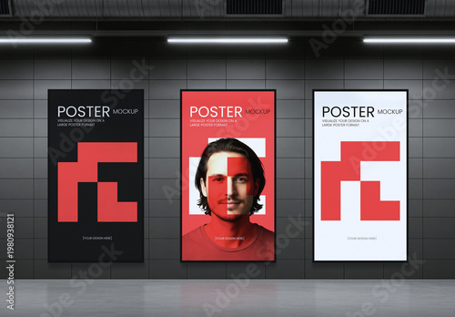 Indoor Three Poster Wall Mockup