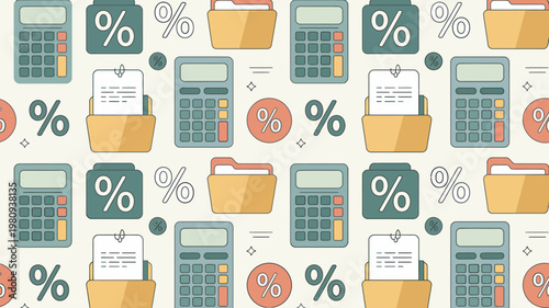 A colorful illustration of calculators, folders, and percentage signs for finance and accounting concepts.