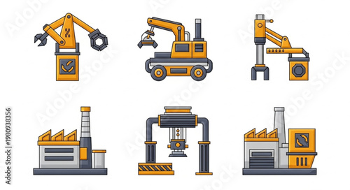 Industrial robot arms and factory machines pixel art set.