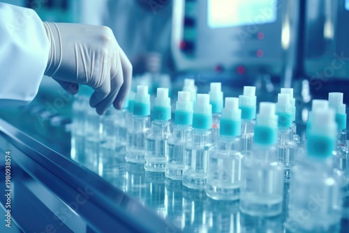 A hand in a glove takes an antiseptic at a factory