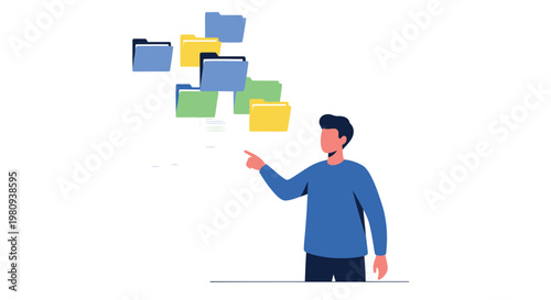 Man pointing at floating colorful file folders in organized digital storage