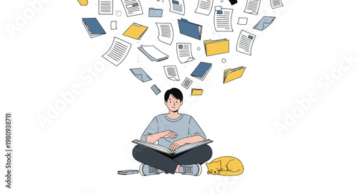 Young student sitting cross legged reading a book with papers and documents floating above head in a thoughtful