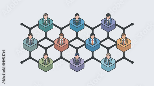 A group of businessmen connected in a network structure with colorful blocks and lines on a white background