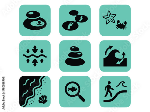 Collection of Ocean and Beach Related Icons.