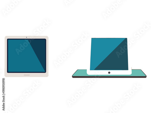 Tablet and laptop computer devices with blue screens and white frames on white background for technology and communication concepts  electronic gadgets