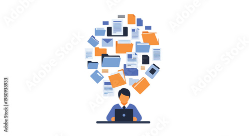 Man overwhelmed by digital paperwork and documents while working on laptop