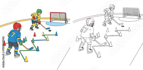 Kids Playing Ice Hockey Training Illustration and Coloring Page Set, Children Practicing Puck Handling and Skating on Ice Rink with Goal and Cones, Cartoon Vector Sports Activity