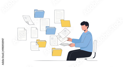 Man sitting at desk overwhelmed by floating documents and files at workplace