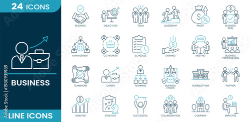 Business icon set. Team, leadership, profit, deal, management, schedule, earning, meeting, presentation, planning, ethics, partner, analysis, strategy, company, employee. Line vector icons.