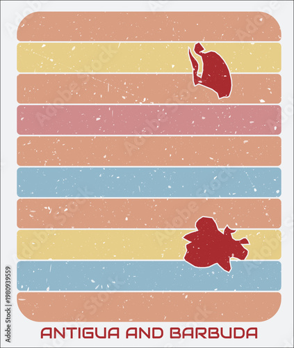 Antigua and Barbuda vintage logo. Shape of the country on retro colored stripes background. Antigua and Barbuda map design with grunge scratch texture. Vector illustration.