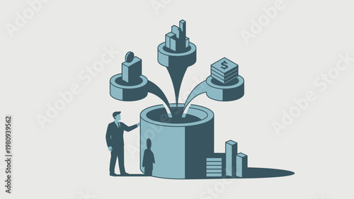 A businessman stands beside a large cylinder with money and buildings flowing out of it, symbolizing financial growth and investment.