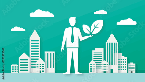 A businessman holding a leaf in front of a city skyline, symbolizing eco-friendly business practices and sustainability.
