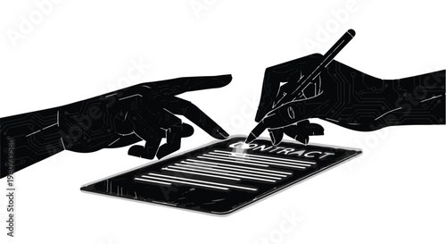 robot and human hand interacting with digital tablet