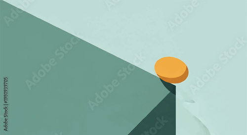 Orange circle balancing on edge of teal plane with geometric minimalist composition contrast precarious unstable strategy decision precision abstract background isolated
