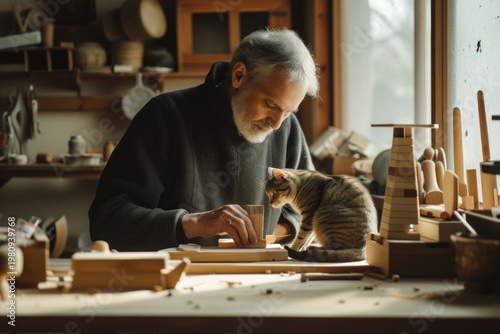 Men and cat make woodcraft adult concentration craftsperson.
