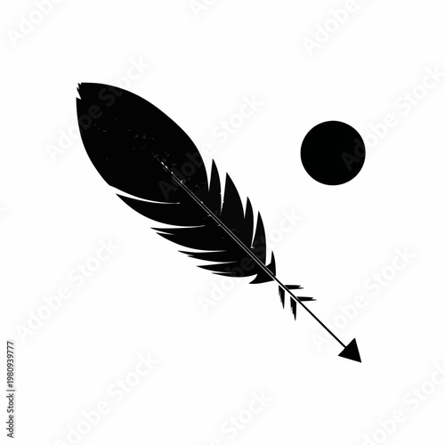 A black feather with an arrow pierces near a dark circle.