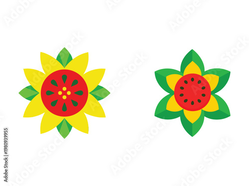 Two colorful flower designs with red centers and green leaves  one with a tomato and the other with a watermelon