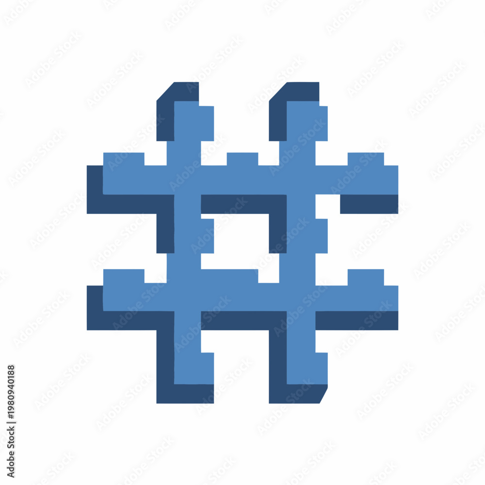 Fototapeta premium A close-up view of a blue pixelated hashtag symbol on a white background