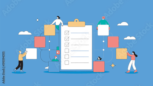 A group of people working together to organize and manage a large checklist with colorful blocks and documents floating around them.