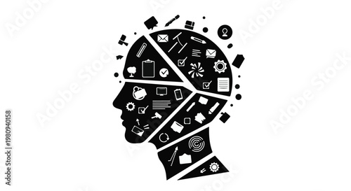 black and white illustration of human head with technology icons