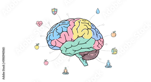 Colorful Brain Illustration with Icons.
