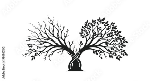 twin tree silhouette with one side bare and the other leafy